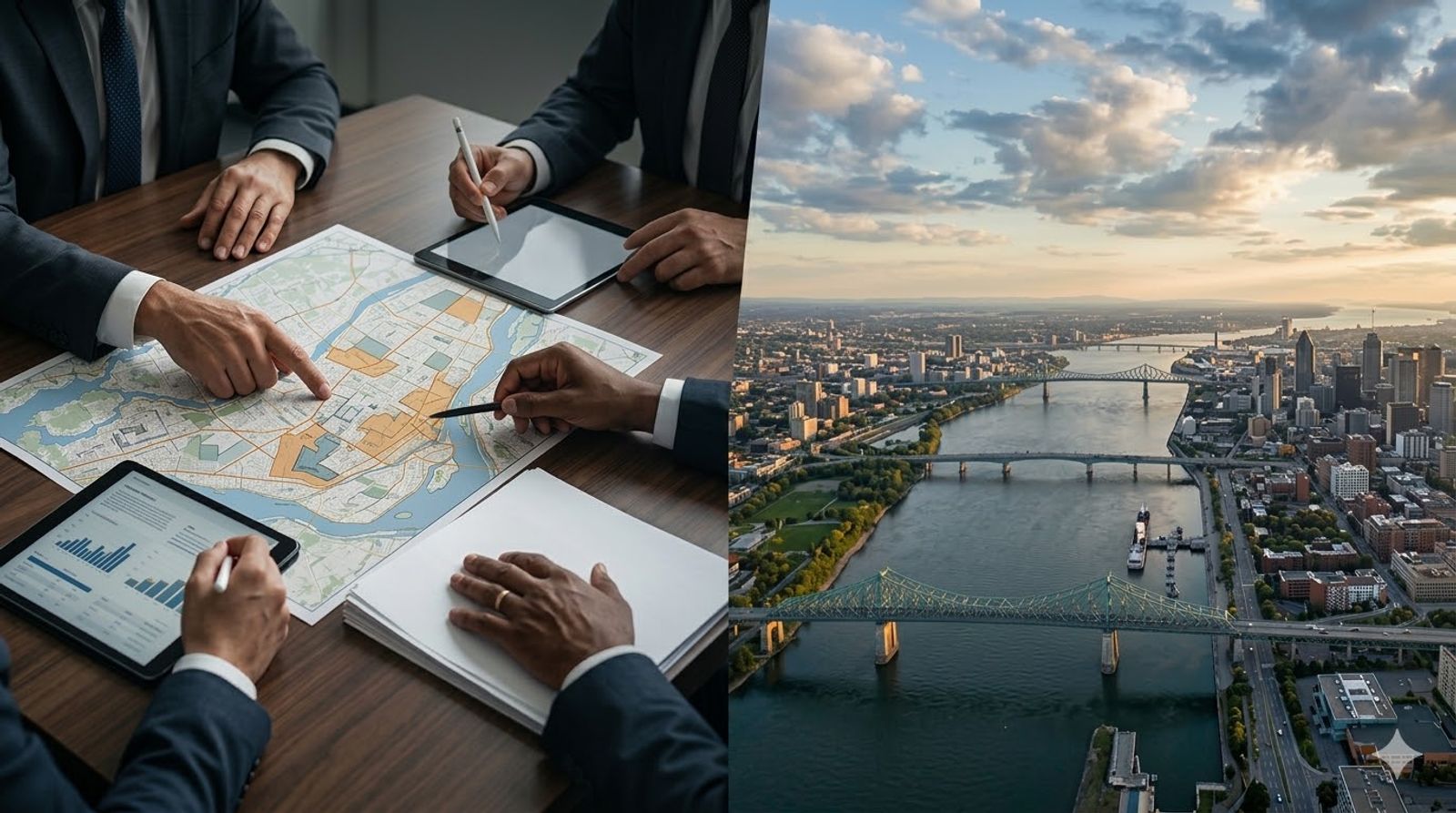 Illustration : des gestionnaires analysent une carte municipale ; à droite, vue aérienne de Montréal et du fleuve Saint-Laurent.