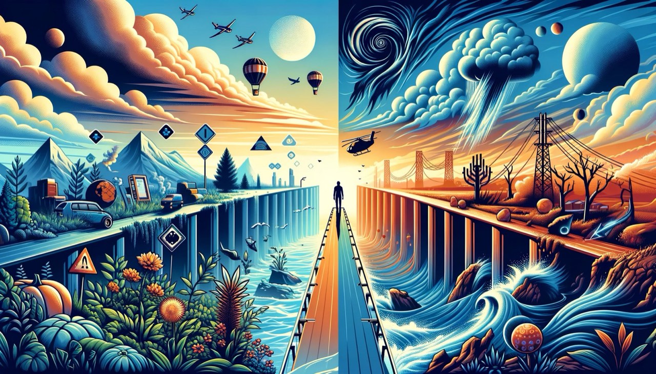 Illustration : un personnage avance sur une passerelle entre un paysage paisible et un paysage frappé par des catastrophes (tempête, inondation, sécheresse).